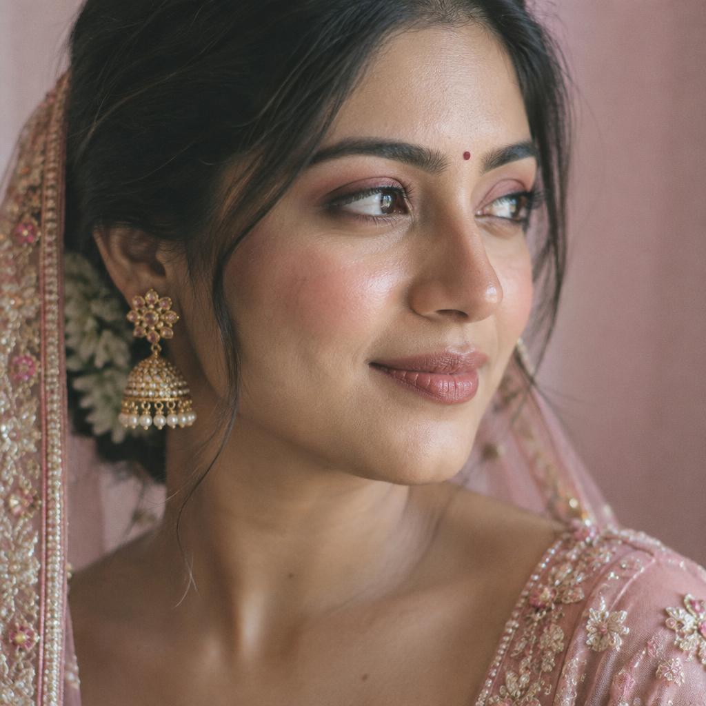 Close-up of Roop Gill's signature glass-skin bridal makeup